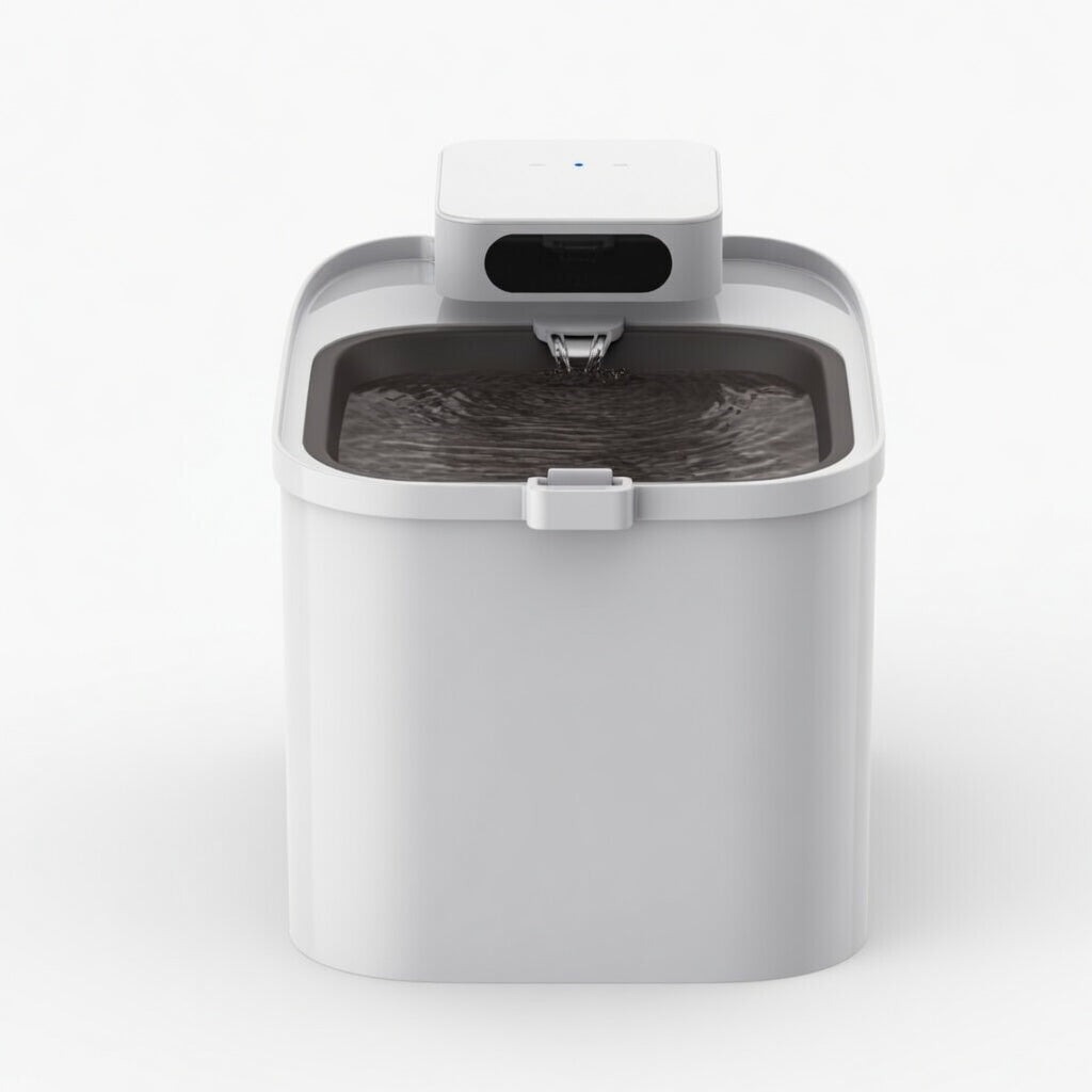 Tail-wagged Pet Hydration Max cordless UVC cat water fountain with hygienic design and app monitoring, showing clean water stream and modern features.