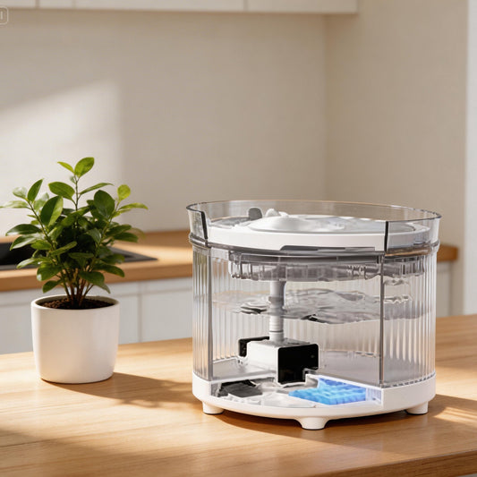 Tail-wagged wireless cat water fountain with sleek design, ultra-quiet operation and long-lasting battery for peaceful hydration.