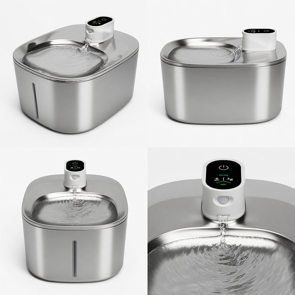 Wireless pet fountain by Tail-Wagged with adjustable water flow for fresh, flowing hydration for cats and dogs.