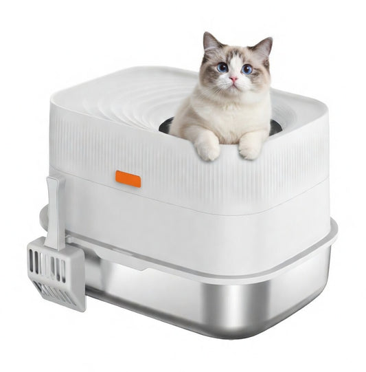 XL Tail-Wagged top entry cat litter box with stainless steel base, featuring easy clean design and odor control.