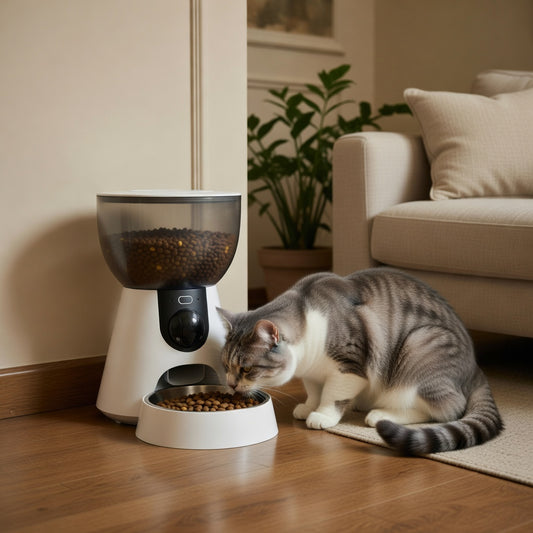 Tail-wagged automatic cat feeder with 2K HD camera and two-way audio, showing food compartment and digital timer for scheduled meals.