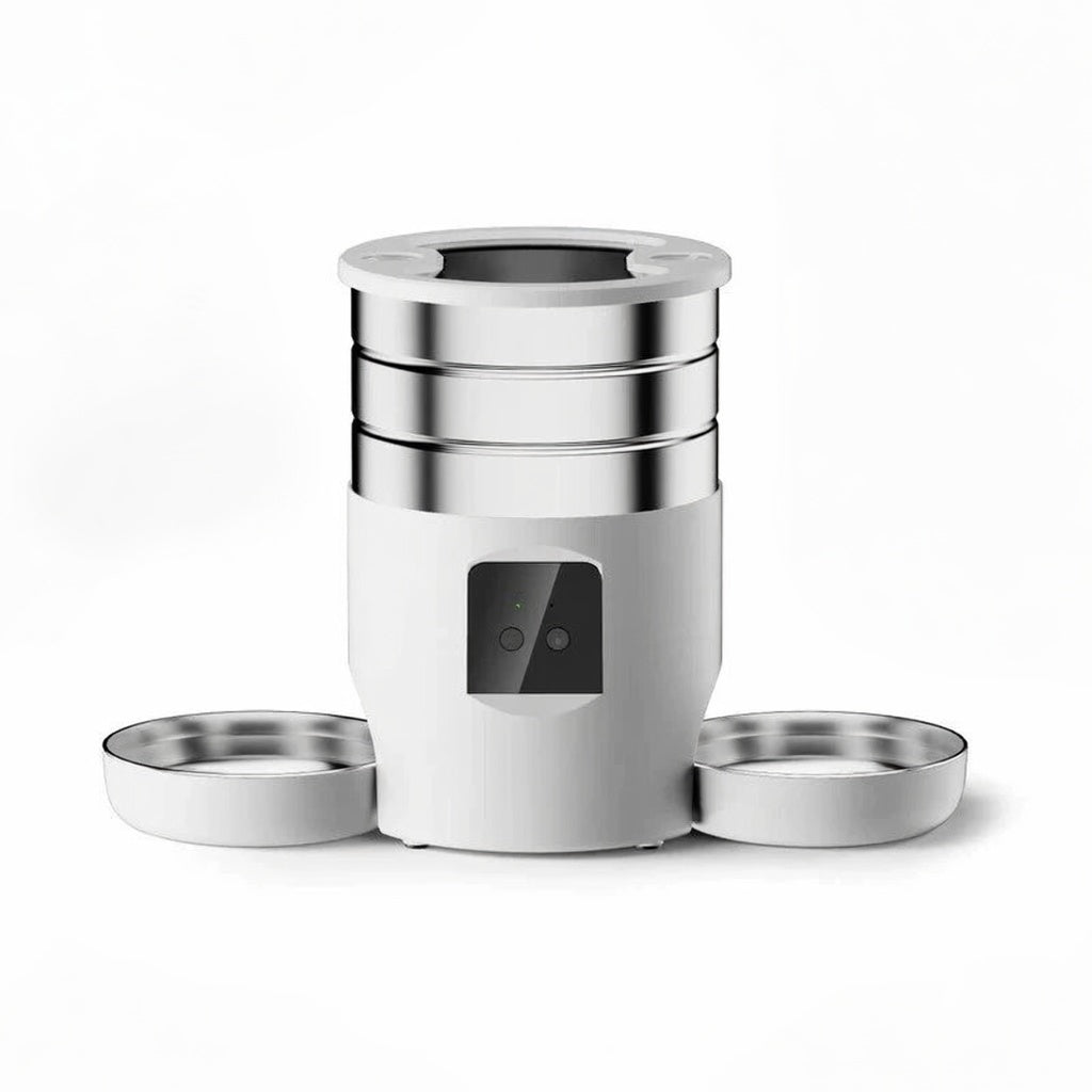 WiFi-controlled smart automatic pet feeder from tail-wagged, with digital display and portion control for cats and small dogs.