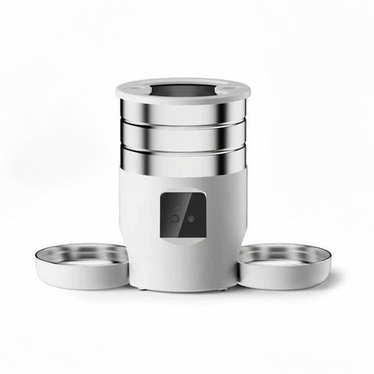 WiFi-controlled smart automatic pet feeder from tail-wagged, with digital display and portion control for cats and small dogs.