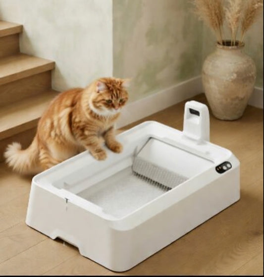 Automatic cat litter box with open-top design by tail-wagged featuring AI health monitoring for easy cleaning and comfort.