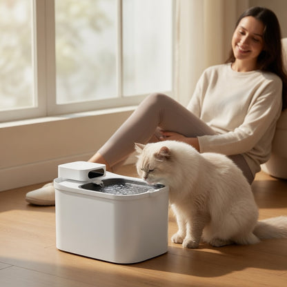 Tail-wagged Pet Hydration Max cordless UVC cat water fountain with hygienic design and app monitoring for clean drinking water.