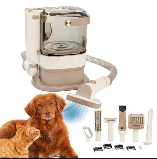 Tail-wagged dog grooming kit with quiet operation and mess-free design, including grooming tools for home pet care.