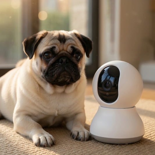 Tail-wagged indoor pet monitoring camera with 360° rotation, 2K resolution, and two-way audio for pet safety.