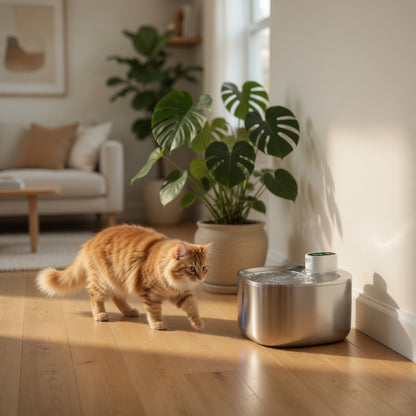 Wireless pet fountain by Tail-Wagged featuring adjustable flow, with water flowing into a sleek, modern bowl for pet hydration.