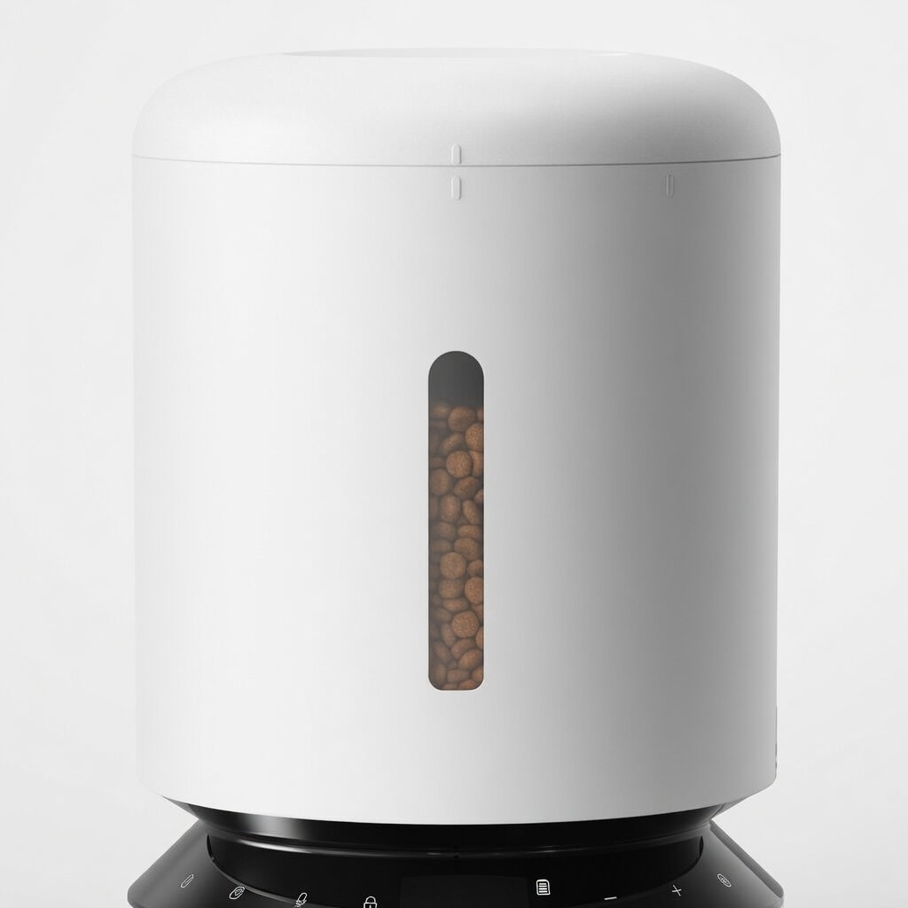 Tail-wagged automatic cat feeder with LED display, voice recording feature, and food dispenser for convenient pet feeding.