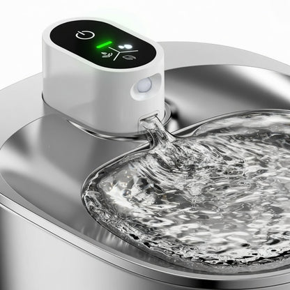 Wireless pet fountain by Tail-Wagged with adjustable flow for hydration, showing a sleek water fountain for pets.