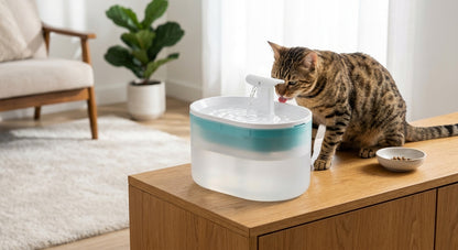 A brown tabby cat drinks water from a white and teal pet water fountain placed on a wooden cabinet in a bright living room.