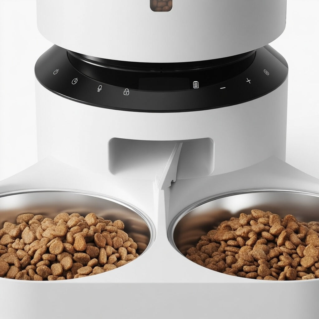 Tail-wagged automatic cat feeder with LED display and voice recording, providing convenient, timed feeding for cats.