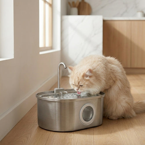 Tail-wagged cat water fountain with 3.2L capacity, featuring a quiet operation and clear water flow for healthy pet hydration.