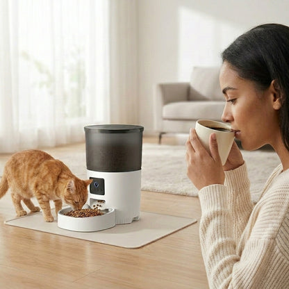 Tail-wagged smart automatic pet feeder with HD camera and voice recorder for remote feeding and pet monitoring.