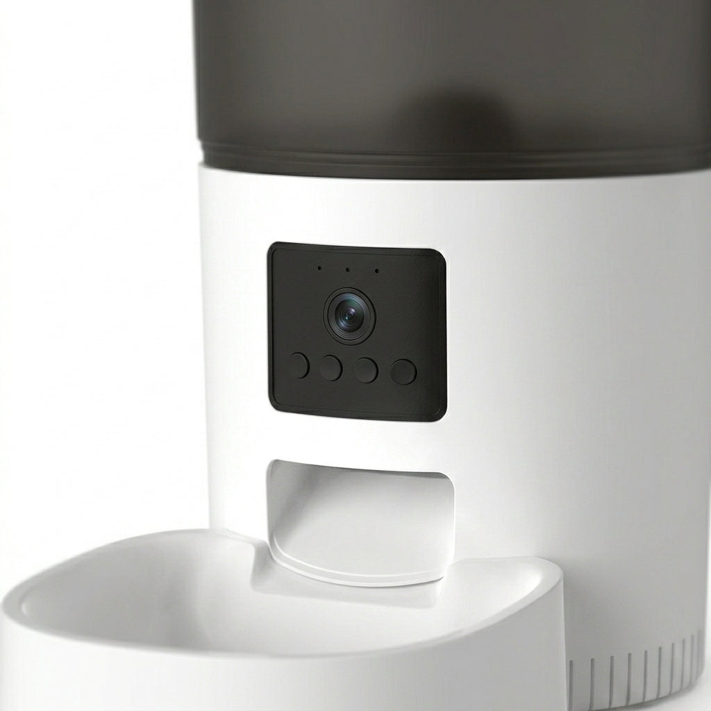 Tail-wagged smart automatic pet feeder with HD camera and voice recorder for remote feeding and pet care.