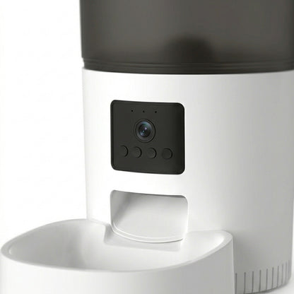 Tail-wagged smart automatic pet feeder with HD camera and voice recorder for remote feeding and pet care.