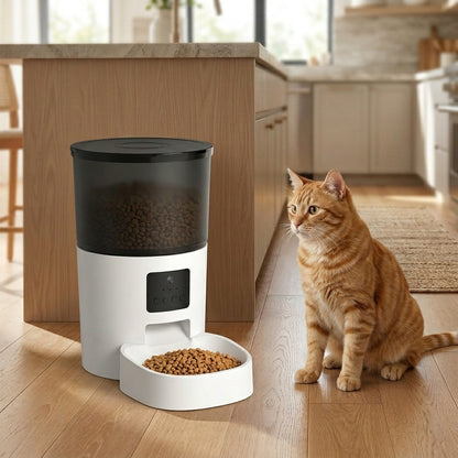 Tail-wagged smart automatic pet feeder with HD camera and voice recorder for remote feeding and pet care.