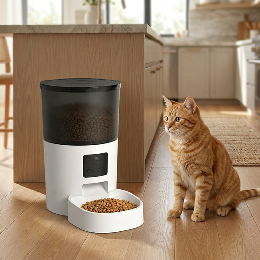 Tail-wagged smart automatic pet feeder with HD camera and voice recorder for remote feeding and pet care.