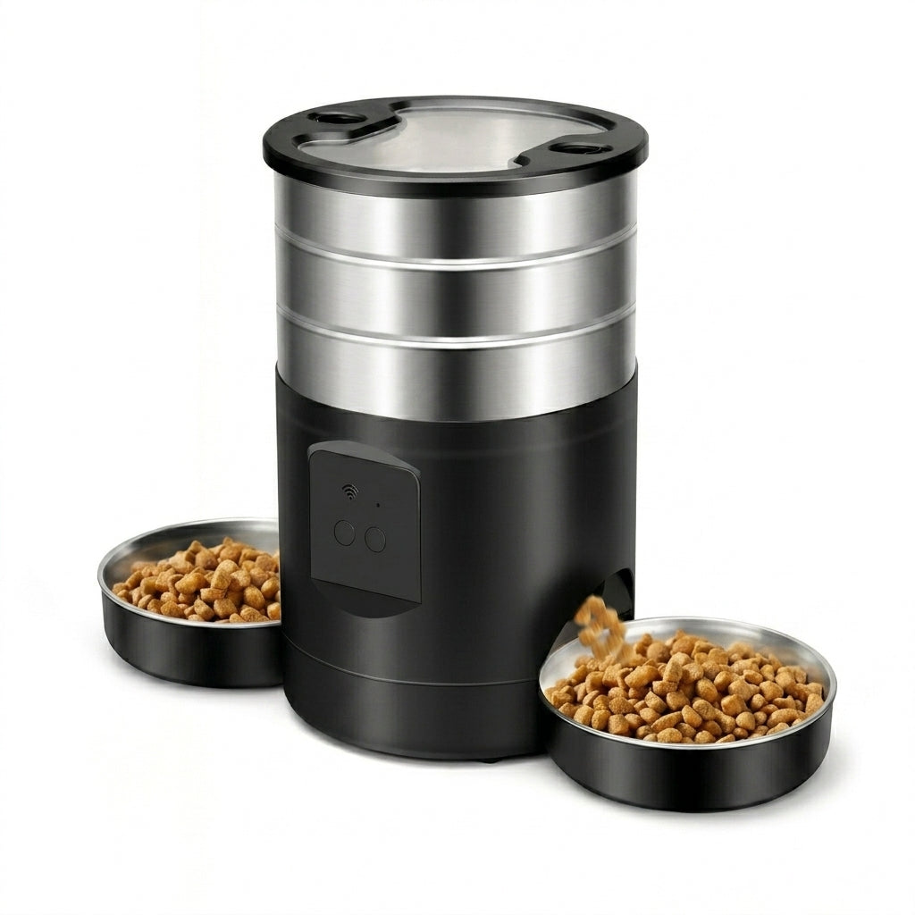 WiFi-controlled smart automatic pet feeder by tail-wagged with scheduled portions for cats and small dogs.