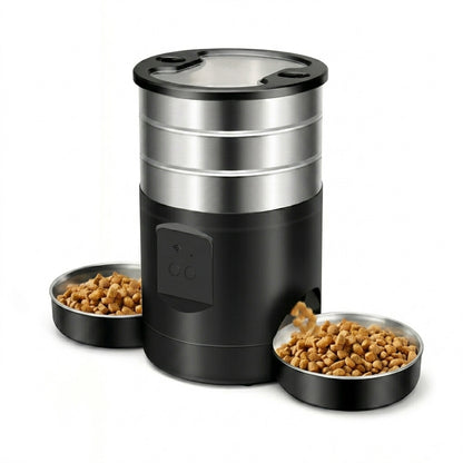 WiFi-controlled smart automatic pet feeder by tail-wagged with scheduled portions for cats and small dogs.