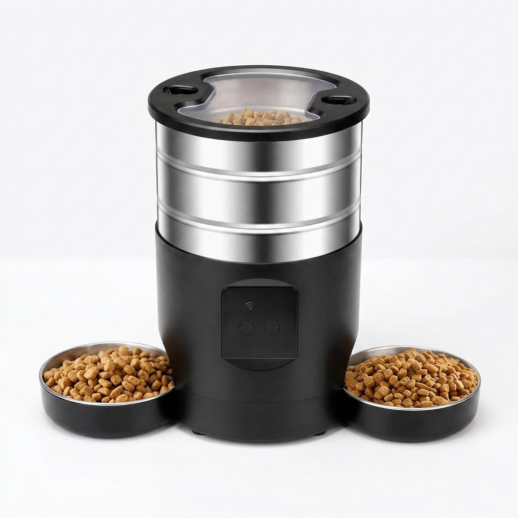 WiFi-controlled automatic pet feeder by tail-wagged with digital timer and portion control, suitable for cats and small dogs.