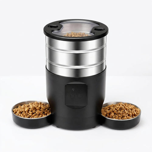 WiFi-controlled automatic pet feeder by tail-wagged with digital timer and portion control, suitable for cats and small dogs.