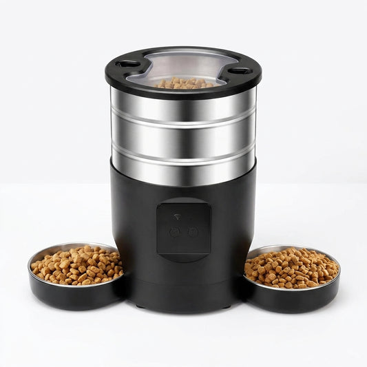 WiFi-controlled automatic pet feeder by tail-wagged with digital timer and portion control, suitable for cats and small dogs.