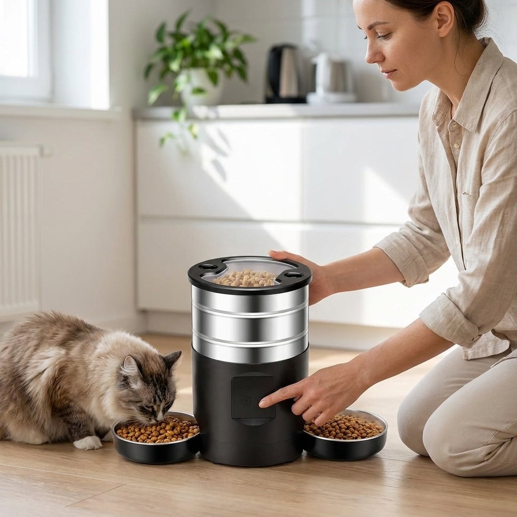WiFi-controlled automatic pet feeder by tail-wagged for cats and small dogs, with adjustable portion scheduling and digital display.