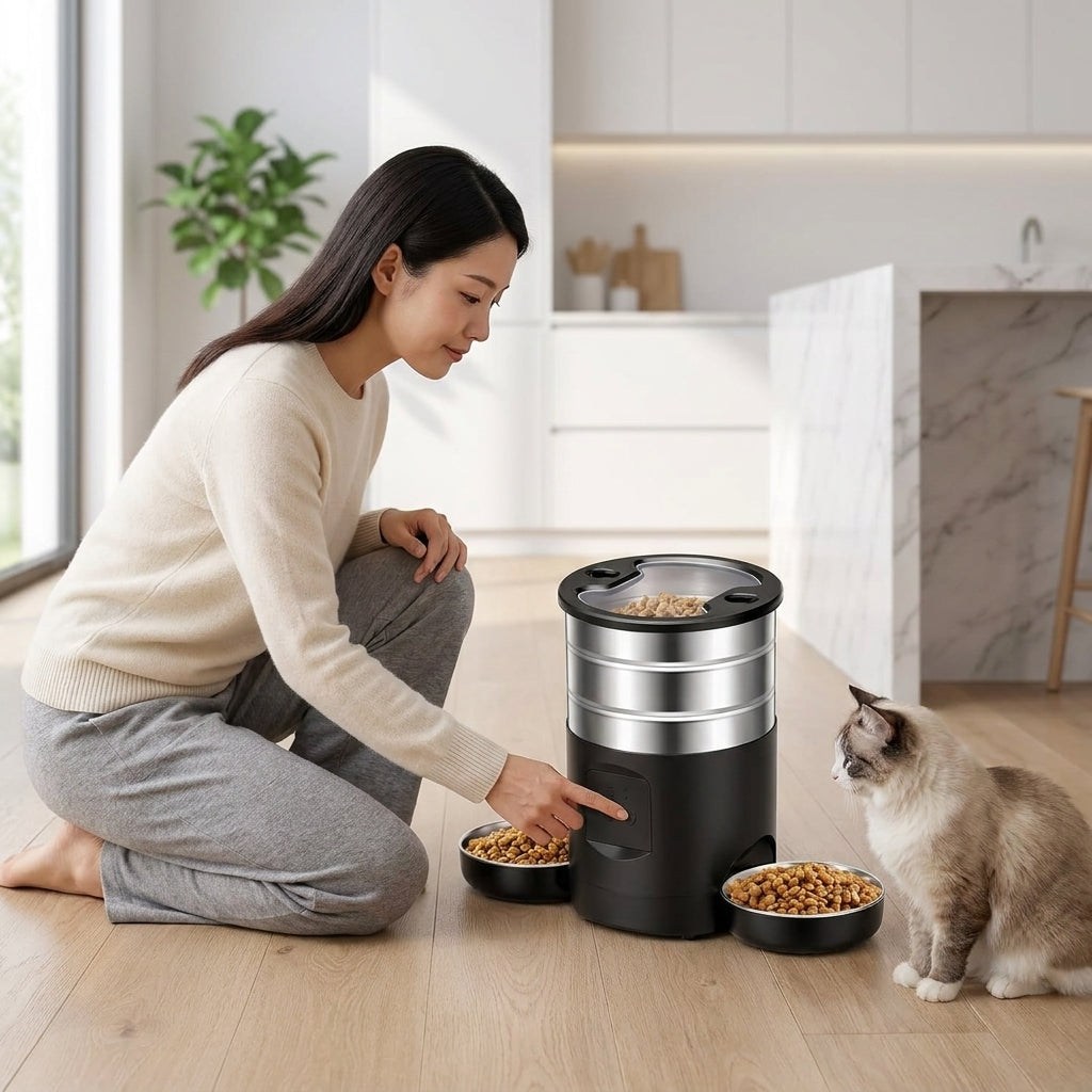 WiFi-controlled automatic pet feeder by tail-wagged with digital timer and portion control for cats and small dogs.