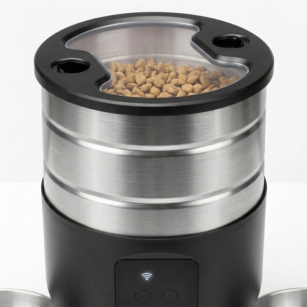 Tail-wagged smart automatic pet feeder with WiFi control and scheduled portions for cats and small dogs, shown with food and digital display.