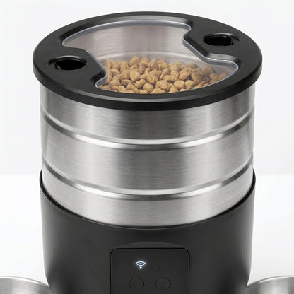 Tail-wagged smart automatic pet feeder with WiFi control and scheduled portions for cats and small dogs, shown with food and digital display.
