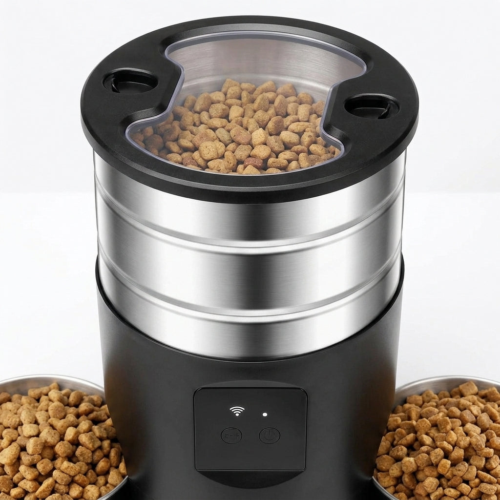 WiFi-controlled automatic pet feeder by tail-wagged with scheduled portions for cats and small dogs, shown in a modern kitchen setting.