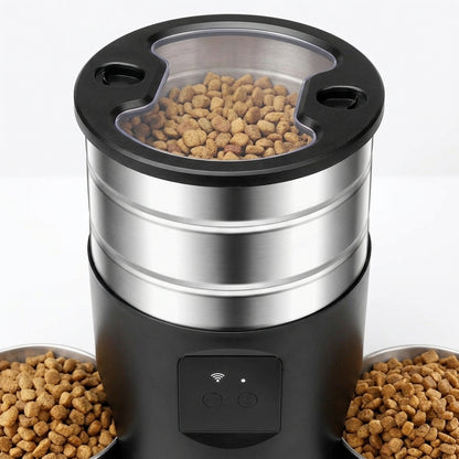 WiFi-controlled automatic pet feeder by tail-wagged with scheduled portions for cats and small dogs, shown in a modern kitchen setting.