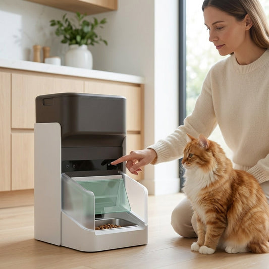 Tail-wagged automatic pet feeder with RFID technology, 15-cup capacity, and sleek design for hassle-free pet feeding.