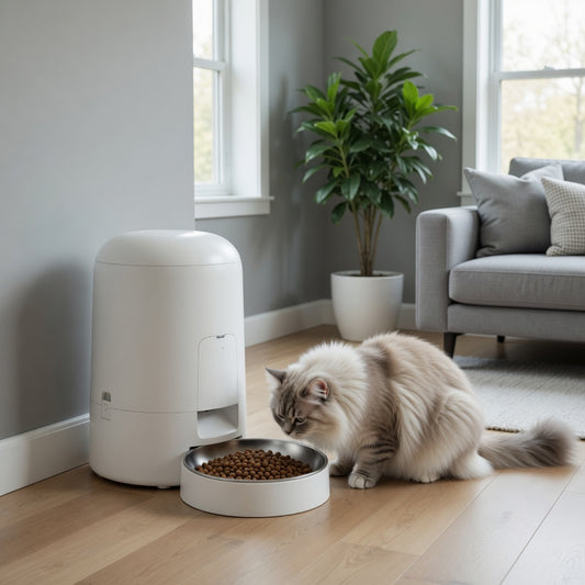 Tail-wagged smart pet feeder with app control, showcasing the automatic feeder with food tray and digital display for convenient pet feeding.