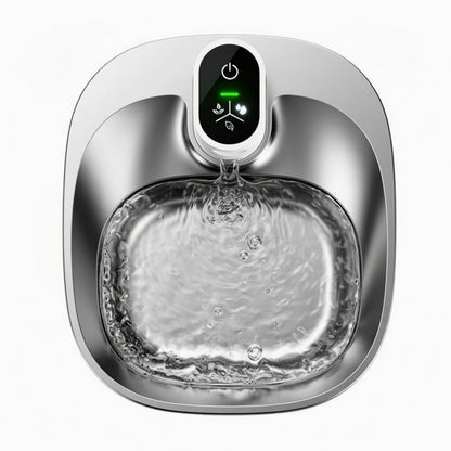 Wireless pet fountain by tail-wagged with adjustable flow, showing clear water flowing through the compact hydration fountain.