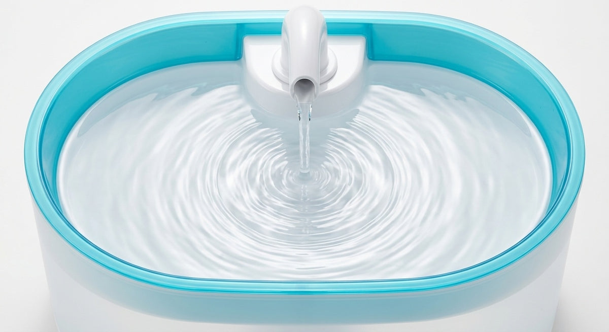 A modern oval water fountain with a white body and a bright turquoise blue rim, featuring a central spout pouring water that creates ripples on the surface.