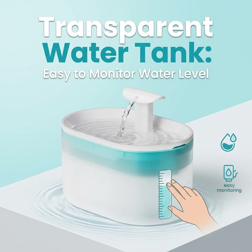 Transparent water tank with a white faucet spout, shown with water flowing into it and a hand pointing to a level indicator. Large text reads 'Transparent Water Tank: Easy to Monitor Water Level' on a light blue background.