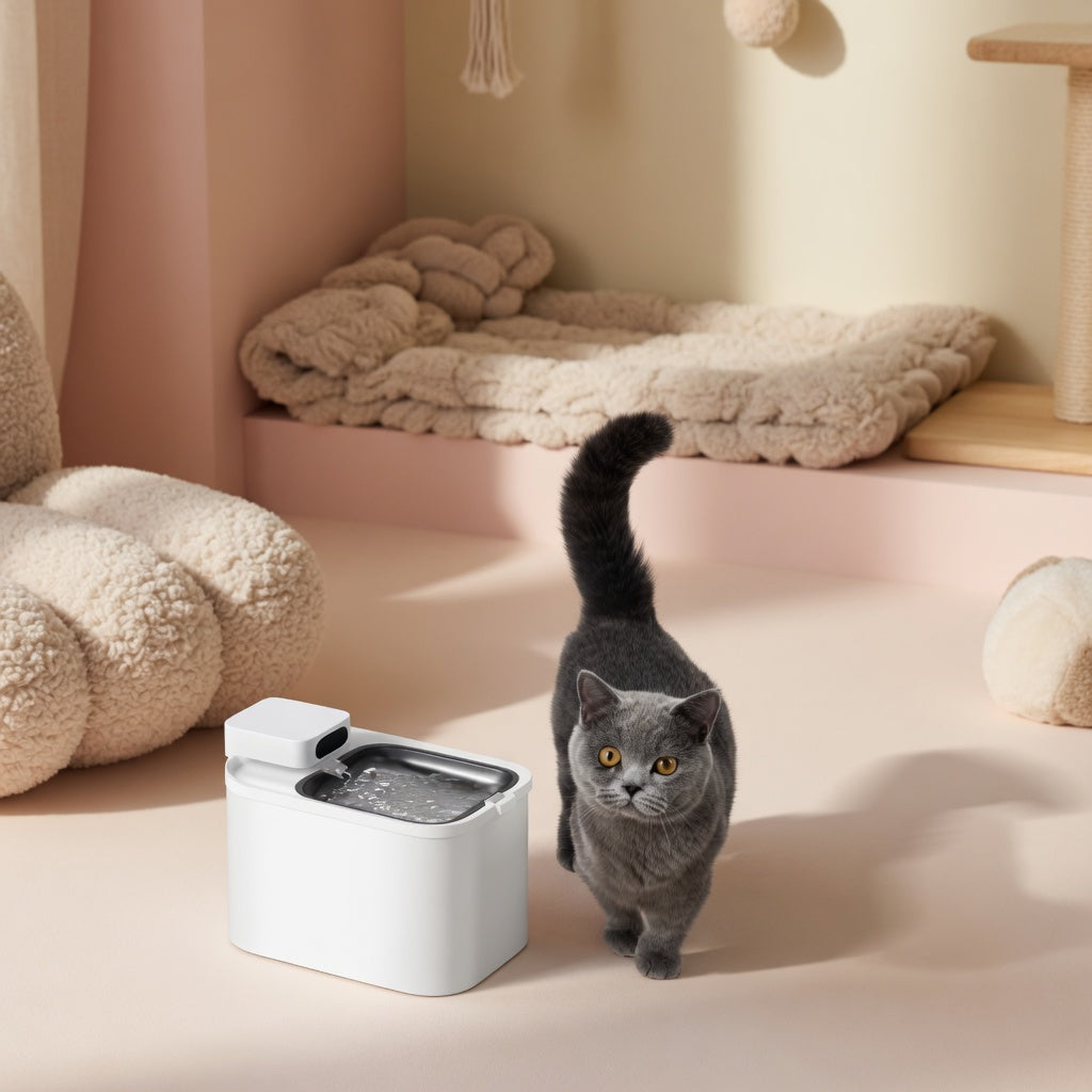 Tail-wagged Pet Hydration Max cordless UVC cat water fountain with hygienic design and app monitoring for clean drinking water.