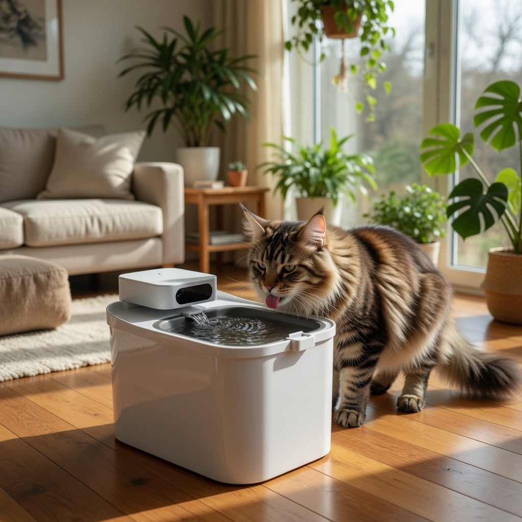 Cordless UVC cat water fountain by tail-wagged with app monitoring and hygienic design for clean, refreshing drinking water for pets.