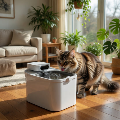 Cordless UVC cat water fountain by tail-wagged with app monitoring and hygienic design for clean, refreshing drinking water for pets.